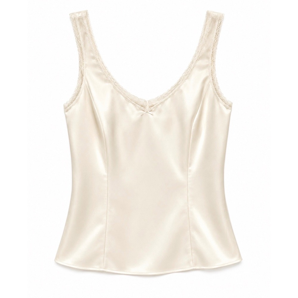 VTG‎ Lorraine Ivory Satin Camisole Tank Lace Trim Antron Nylon Made USA Size 36